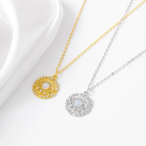 Collana con Ciondolo a Disco Rotondo Malocchio in Argento Sterling S925 e Pietra di Luna Con Zirconia Gioielli per Donna