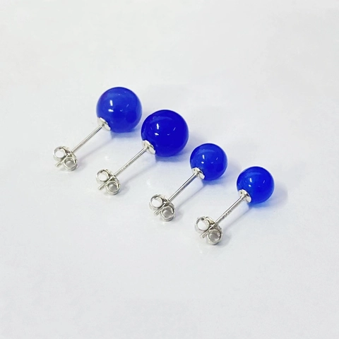 Orecchini a Bottone in Agata Blu Naturale Argento Sterling 925 Minimalista Rotondi Sferici in Pietra Perno Orecchini Gioielli Donna
