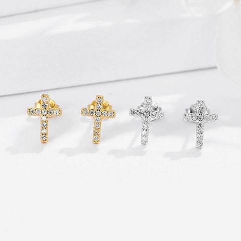 Orecchini a Bottone Croce in Argento Sterling 925 Con Zirconia Intarsiata Oro Argento Minimalista Croce Gioielli per Donna Quotidiano