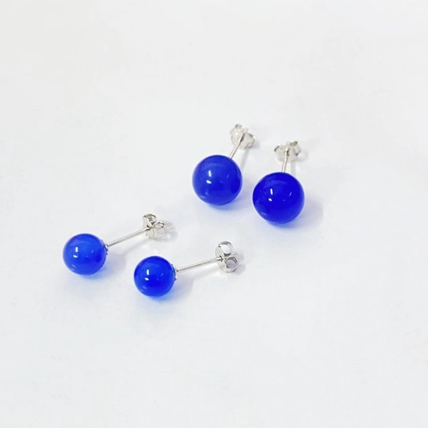 Orecchini a Bottone in Agata Blu Naturale Argento Sterling 925 Minimalista Rotondi Sferici in Pietra Perno Orecchini Gioielli Donna