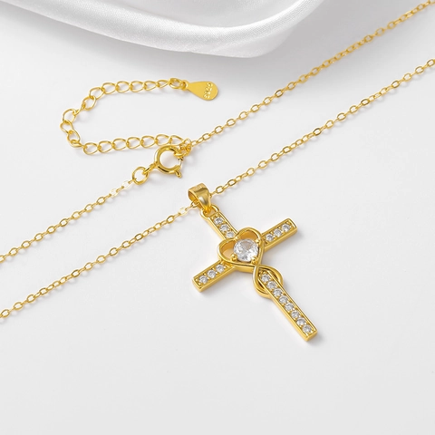 925 Sterling Silver Heart Cross Pendant Necklace With Zirconia Inlaid Gold Silver Jewelry For Women Clavicle Chain