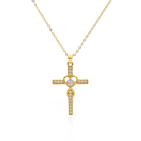 Collar con Colgante de Cruz y Corazón de Plata de Ley 925 Elegante Cadena con Incrustación de Circonia para Mujer Joyería Religiosa