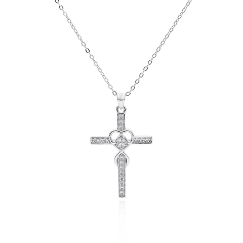 Collar con Colgante de Cruz y Corazón de Plata de Ley 925 Elegante Cadena con Incrustación de Circonia para Mujer Joyería Religiosa