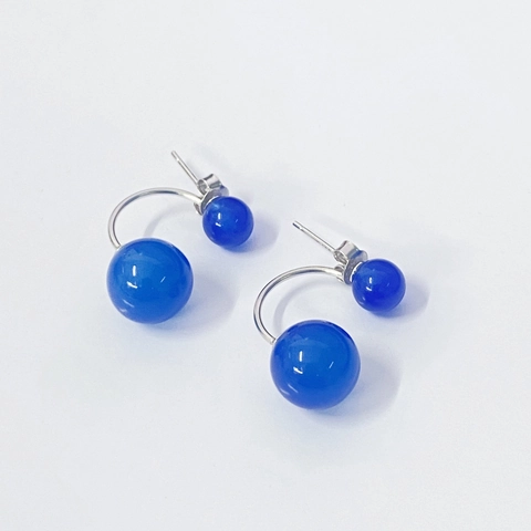 S925 Sterling Zilveren Dubbele Blauwe Agaat Ronde Kraal Oorknopjes Voor Dames Vintage Hofstijl Sieraden Elegante Accessoires