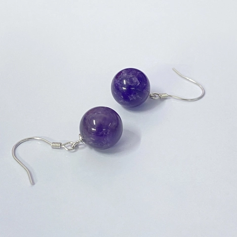 925 Sterling Silver Natural Amethyst Round Bead Hook Earrings Vintage Elegant Purple Gemstone Dangle Earrings For Women Fashion Jewelry