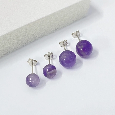 Vintage S925 Sterling Silver Amethyst Round Bead Stud Earrings For Women Elegant Purple Gemstone Jewelry Accessory Gift