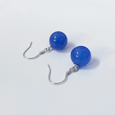 Pendientes Colgantes de Cuentas de Ágata Azul de Plata de Ley 925 Vintage para Mujer Ganchos de Oreja de Bola Redonda Minimalistas Joyería