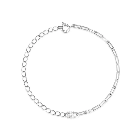 925 Sterling Silver Asymmetrical Paperclip Chain Bracelet For Women Minimalist Zirconia Inlaid Adjustable Jewelry Gift
