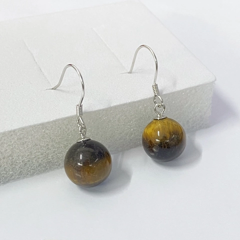 Vintage S925 Sterling Zilveren Natuurlijke Tijgeroog Steen Oorhaken Voor Dames Ronde Kraal Maillard Stijl Lichte Luxe Sieraden Cadeau