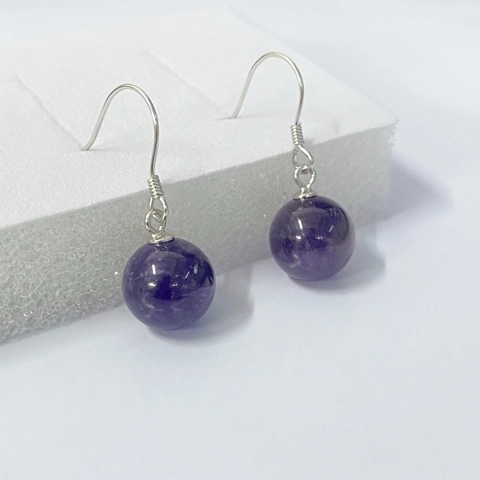 925 Sterling Silver Natural Amethyst Round Bead Hook Earrings Vintage Elegant Purple Gemstone Dangle Earrings For Women Fashion Jewelry