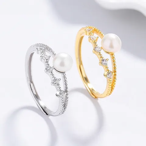 925 Sterlingsilber Süßwasserperle Doppelschicht Offener Ring Für Damen High End Zirkonia Eingelegt Verstellbarer Fingerring Schmuck