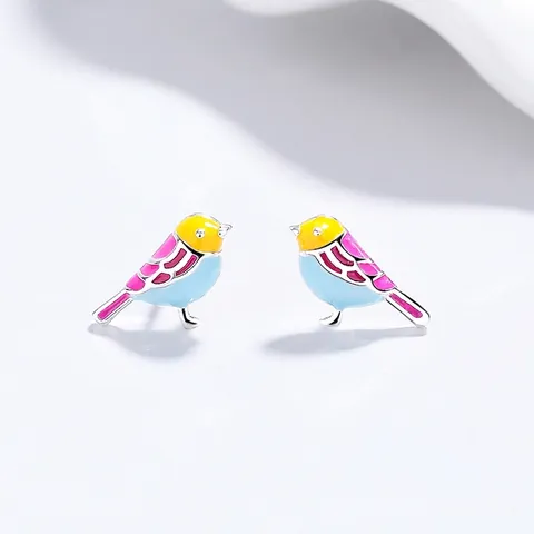 Orecchini a Bottone con Uccello in Smalto Colorato in Argento Puro 999 per Donna Simpatici Orecchini a Lobo per Animali Gioielli di Moda