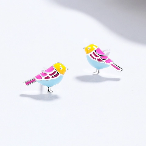 Orecchini a Bottone con Uccello in Smalto Colorato in Argento Puro 999 per Donna Simpatici Orecchini a Lobo per Animali Gioielli di Moda