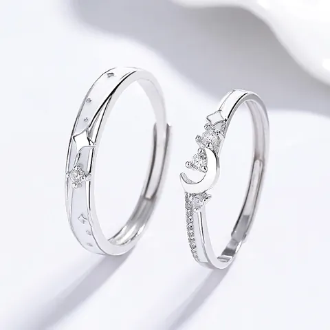925 Sterling Silver Star Moon Couple Rings For Men Women Zirconia Inlay Open Adjustable Lover Rings Set Fashion Jewelry Gift