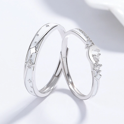 925 Sterling Silver Star Moon Couple Rings For Men Women Zirconia Inlay Open Adjustable Lover Rings Set Fashion Jewelry Gift