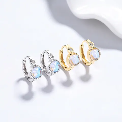 Orecchini a Cerchio in Argento Sterling 925 con Pietra di Luna Rotonda per Donna Stile Coreano con Zirconia Accessori di Gioielli di Lusso