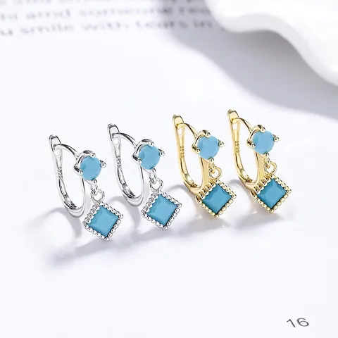 925 Sterling Zilver Turkoois Oorbellen Voor Vrouwen Vintage Geometrische Vierkante Ronde Hanger Verguld Verzilverd Sieraden Cadeau