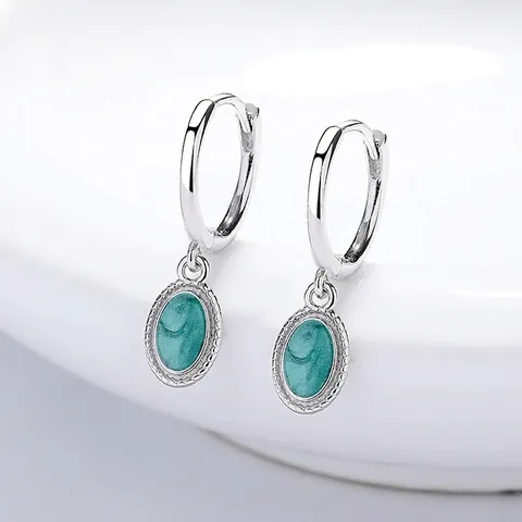 Vintage 925 Sterling Silver Hoop Earrings With Oval Green Enamel Drop Pendant Elegant Milgrain Border Fashion Jewelry For Women