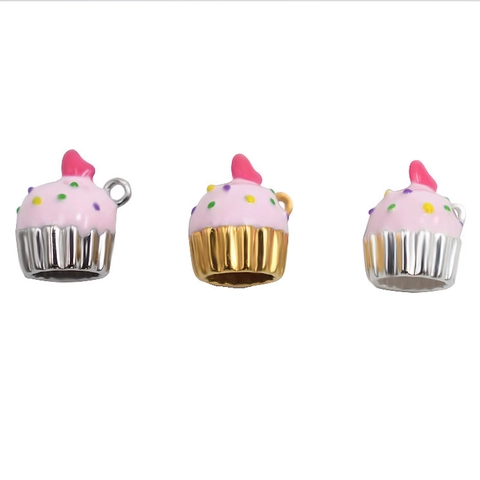Colgante Cupcake de Plata de Ley S925 con Esmalte Rosa y Corazón Rojo Accesorio de Joyería DIY Colgante de Pastel de Cumpleaños para Mujeres Niñas