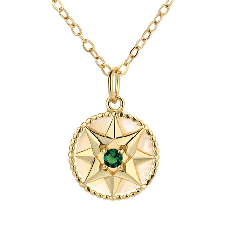 Collana con Ciondolo Rosa dei Venti in Argento Sterling 925 per Donna Stella a Otto Punte Perla Artificiale Strass Verde Gioielli