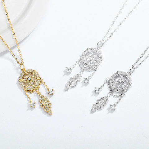 Collier Attrape-Rêve en Argent Sterling 925 Avec Pendentif Gland Plume en Strass Élégante Chaîne de Clavicule Style Mori Bijou pour Femme