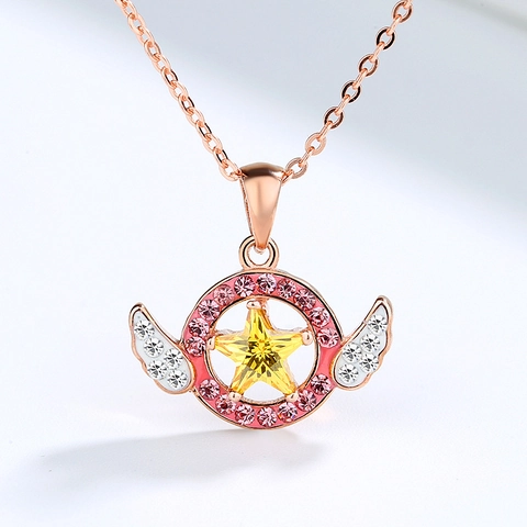 Collier Pendentif Étoile Ailes d'Ange en Argent Sterling 925 Zirconia Style Animé Pendentif Seul pour Femme Bijoux