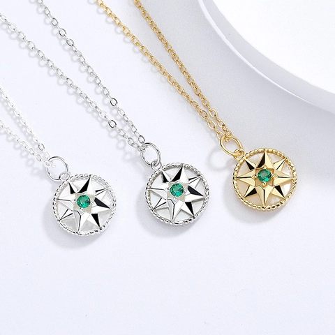 Collana con Ciondolo Rosa dei Venti in Argento Sterling 925 per Donna Stella a Otto Punte Perla Artificiale Strass Verde Gioielli