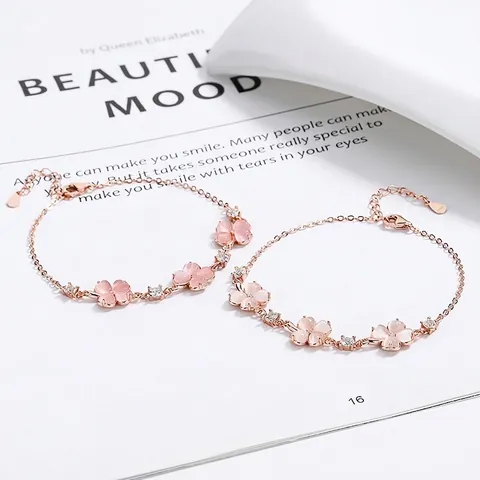Pulsera de Plata de Ley 925 Oro Rosa Trébol de Cuatro Hojas para Mujer Corazón Rosa Blanco Diamantes de Imitación Cristal Pulsera Ajustable Joyería Regalo