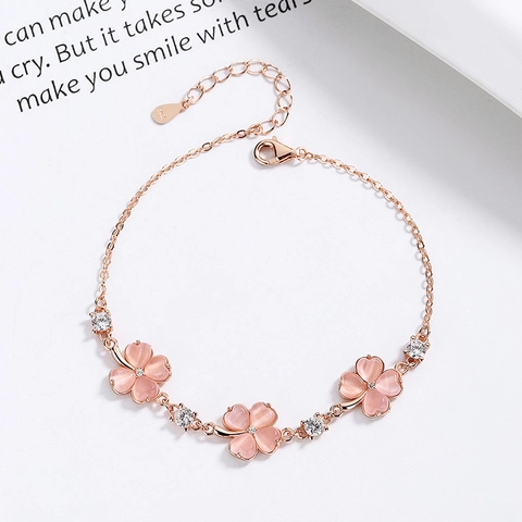 Pulsera de Plata de Ley 925 Oro Rosa Trébol de Cuatro Hojas para Mujer Corazón Rosa Blanco Diamantes de Imitación Cristal Pulsera Ajustable Joyería Regalo
