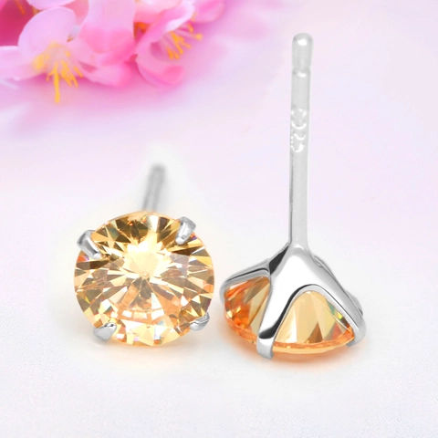 925 Sterling Silver Four-Prong Zirconia Stud Earrings For Women Minimalist Geometric Round Inlaid Birthstone Earrings Jewelry