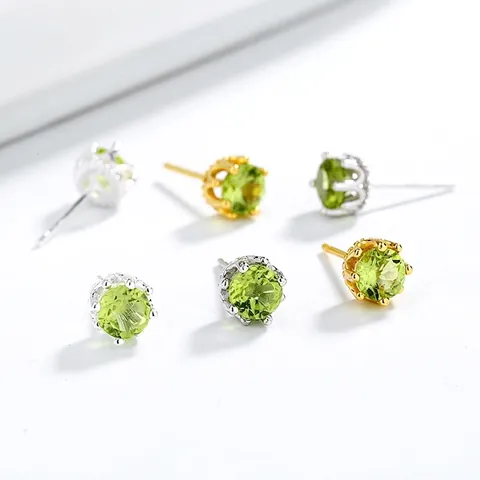 925 Sterling Silver Natural Peridot Crown Stud Earrings For Women Simple Fresh Green Crystal Earrings Jewelry Gift