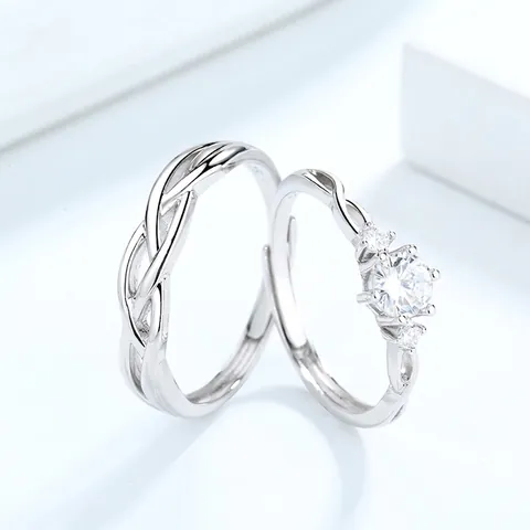Anelli di Coppia in Argento Sterling 925 per Uomo Donna Regolabili Aperti Design Intrecciato Zirconia Regalo di San Valentino
