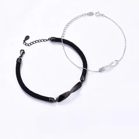 Mobius Ring Couple Bracelets 925 Sterling Silver Black Braided Rope Silver Chain Engraved No.52 Zirconia Eternal Love Jewelry Gift For Men Women