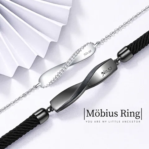 Mobius Ring Couple Bracelets 925 Sterling Silver Black Braided Rope Silver Chain Engraved No.52 Zirconia Eternal Love Jewelry Gift For Men Women