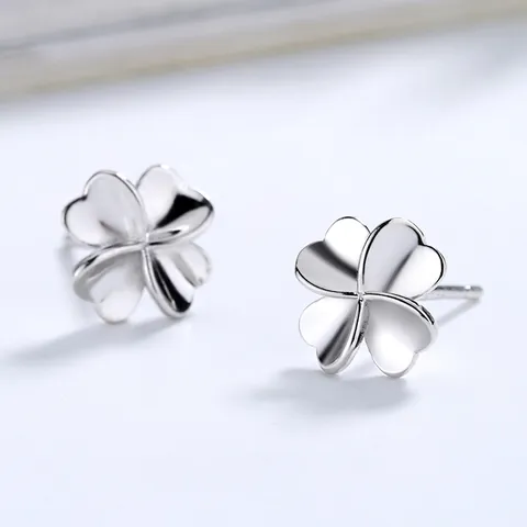 S925 Sterling Silver Four Leaf Clover Stud Earrings For Women Simple Heart Shaped Leaf Jewelry Platinum Plated Small Earrings