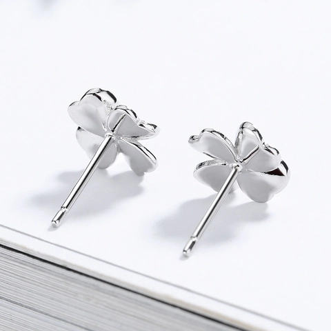 S925 Sterling Silver Four Leaf Clover Stud Earrings For Women Simple Heart Shaped Leaf Jewelry Platinum Plated Small Earrings