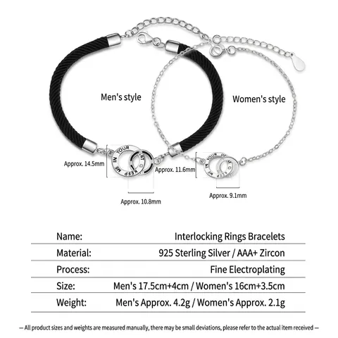 Braccialetti di Coppia a Doppio Cerchio Intrecciato in Argento Sterling 925 Corda Intrecciata Catena Gioielli Regalo Regolabile