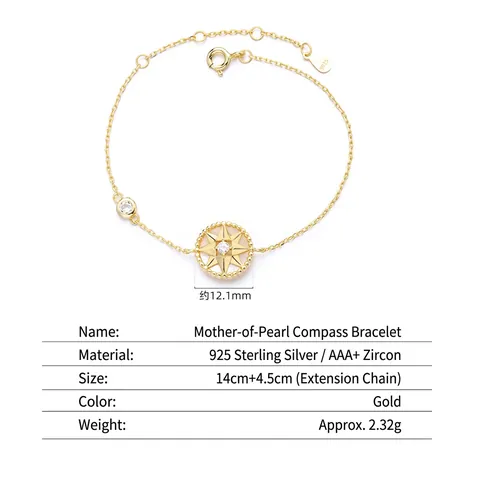 925 Sterling Zilver Kompas Ster Armband Voor Vrouwen Witte Parelmoer Ingelegde Strass Verstelbare Ketting Hand Sieraden