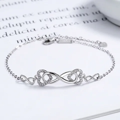 Braccialetto a Cuore Infinito in Argento Sterling 925 per Donna Eleganti Doppi Cuori Intrecciati in Zirconia Gioielli a Catena Regolabile Regalo