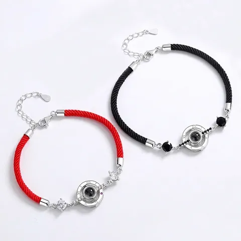 925 Sterling Silver Braided Rope Projection Bracelet 100 Languages I Love You Rhinestone Roman Numerals Couple Jewelry Gift