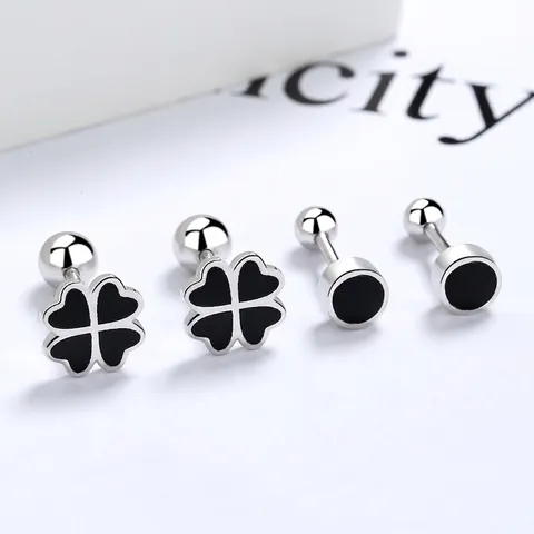 Pendientes de Botón de Trébol de Cuatro Hojas de Plata de Ley 925 para Mujer Hombre Esmalte Negro Redondo Geométrico Joyas