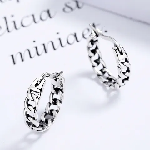 Orecchini a Cerchio con Catena Curb in Argento Sterling 925 per Donna Orecchini Rotondi Geometrici Retrò Placcati Oro 18K Argento Antico