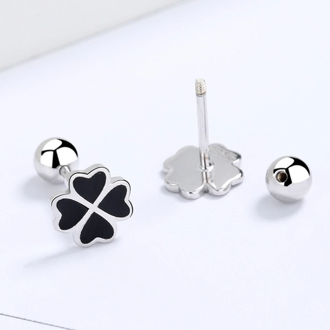 Pendientes de Botón de Trébol de Cuatro Hojas de Plata de Ley 925 para Mujer Hombre Esmalte Negro Redondo Geométrico Joyas