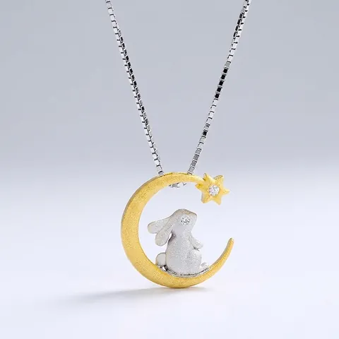 Collana con Coniglio sulla Luna in Argento Sterling 925 per Donna Ciondolo Stella con Zirconia Oro Argento Gioielli di Moda