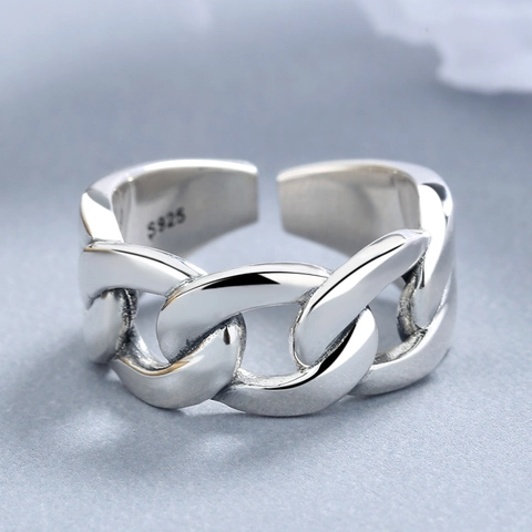 S925 Sterling Silver Chain Ring For Women Vintage Minimalist Open Adjustable Link Finger Ring Retro Jewelry Gift
