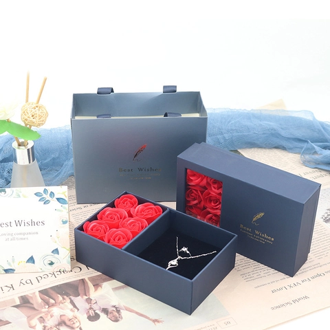 Jewelry Paper Gift Box Set With Artificial Soap Roses Gift Bag And Greeting Card For Necklace Bracelet Ring Packaging Anniversary Wedding Present