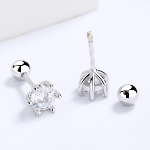 Orecchini a Bottone in Argento Sterling 925 con Zirconia Rotonda a Sei Griffe Chiusura a Vite Ipoallergenici Gioielli Minimalisti Donna Uomo