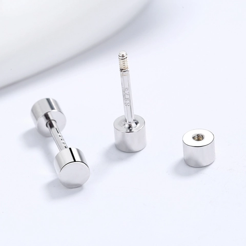 Orecchini a Bottone Cilindrici in Argento Sterling 925 Minimalista Manubrio Chiusura a Vite Doppio Capo Ear Bone Studs Donna Uomo
