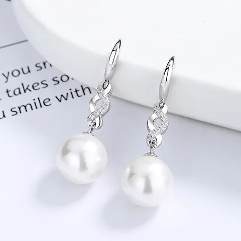 925 Sterling Silver Infinity Zirconia Dangle Earrings For Women Elegant Round White Artificial Pearl Drop Earrings Jewelry