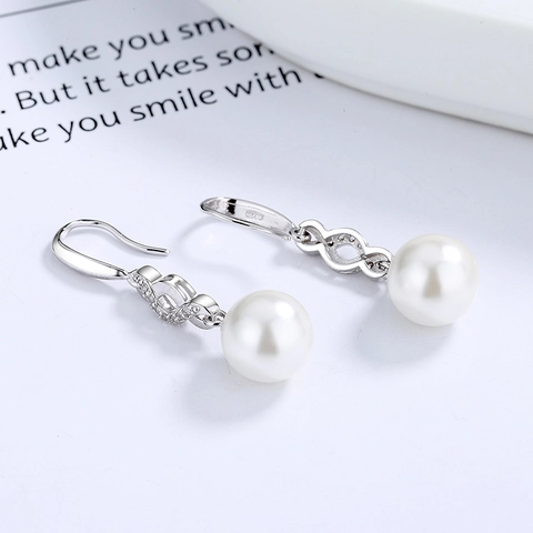 925 Sterling Silver Infinity Zirconia Dangle Earrings For Women Elegant Round White Artificial Pearl Drop Earrings Jewelry